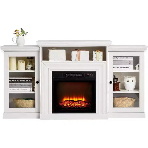 60 Inch Entertainment Center, Farmhouse TV Cabinet with 2 Glass Door, Console Table for Living Room, White
