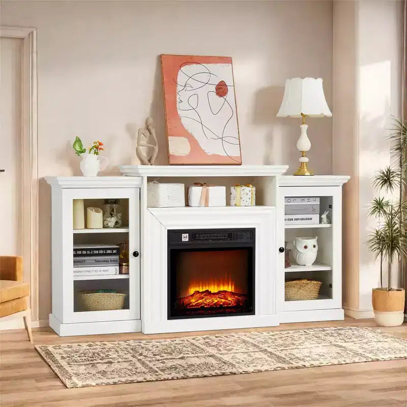Mobile porta TV da 60 pollici con 2 ante in vetro – Stile rustico, bianco