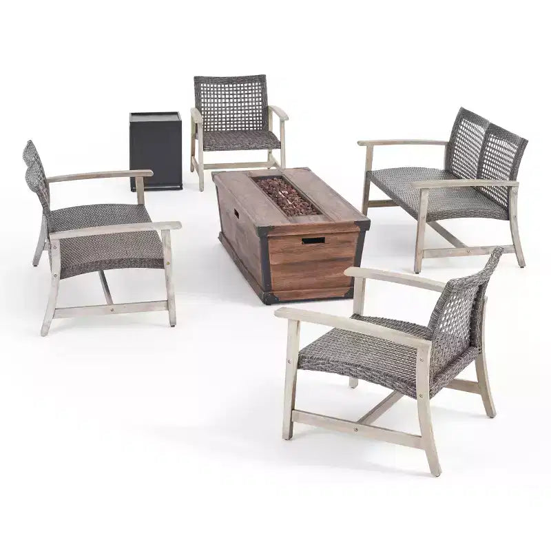 Christopher Knight Home Hampton Outdoor Acacia Wood and Wicker 6 Seater Chat Set with Fire Pit
