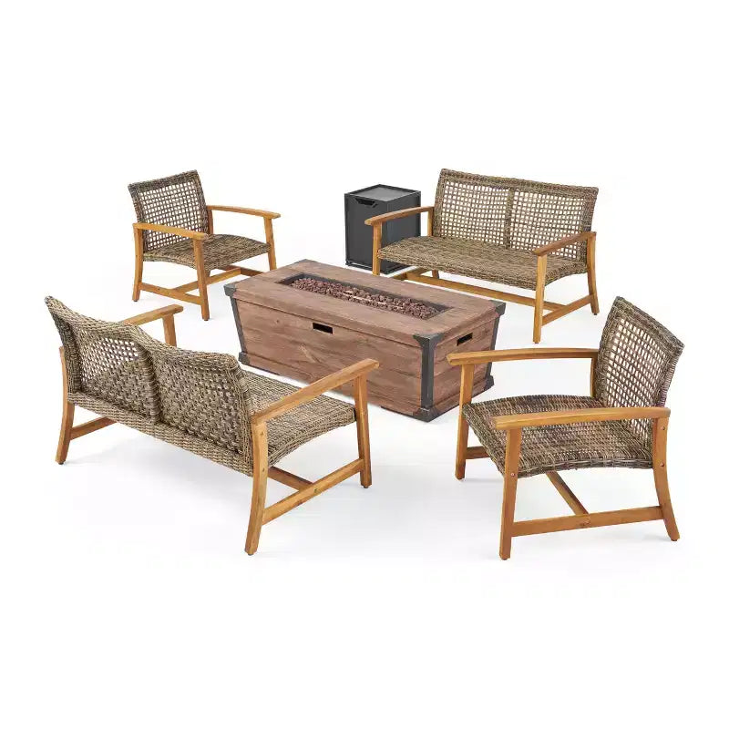 Christopher Knight Home Hampton Outdoor Acacia Wood and Wicker 6 Seater Chat Set with Fire Pit