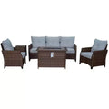 Courtyard Casual Costa Mesa 5 pc Sofa Set - Brown One Sofa, Two Club Chairs, One End Table, & One Fire Pit frame with solution dyed Poly fabric