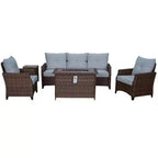 Courtyard Casual Costa Mesa 5 pc Sofa Set - Brown One Sofa, Two Club Chairs, One End Table, & One Fire Pit frame with solution dyed Poly fabric