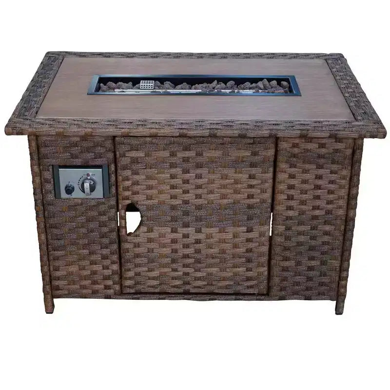 Courtyard Casual Costa Mesa 5 pc Sofa Set - Brown One Sofa, Two Club Chairs, One End Table, & One Fire Pit frame with solution dyed Poly fabric