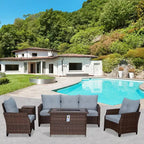 Courtyard Casual Costa Mesa 5 pc Sofa Set - Brown One Sofa, Two Club Chairs, One End Table, & One Fire Pit frame with solution dyed Poly fabric