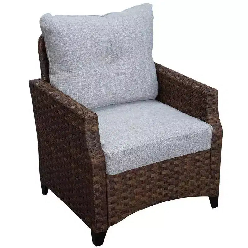 Courtyard Casual Costa Mesa 5 pc Sofa Set - Brown One Sofa, Two Club Chairs, One End Table, & One Fire Pit frame with solution dyed Poly fabric
