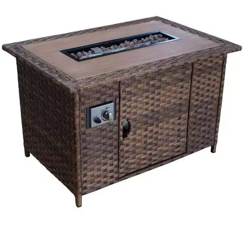 Courtyard Casual Costa Mesa 5 pc Sofa Set - Brown One Sofa, Two Club Chairs, One End Table, & One Fire Pit frame with solution dyed Poly fabric