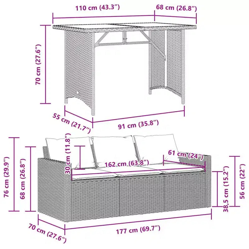 vidaXL Set da pranzo da esterno per patio 2 pezzi in polyrattan con cuscini Divano a 3 posti e tavolo in legno di acacia - Grigio/Blu scuro