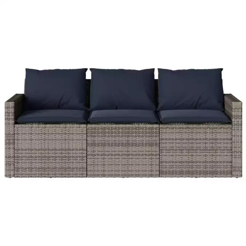 vidaXL Set da pranzo da esterno per patio 2 pezzi in polyrattan con cuscini Divano a 3 posti e tavolo in legno di acacia - Grigio/Blu scuro