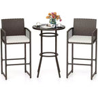 Costway 3 Piece Wicker Patio Bar Set with 2 Seat Cushions Glass Tabletop for Backyard