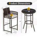 Costway 3 Piece Wicker Patio Bar Set with 2 Seat Cushions Glass Tabletop for Backyard
