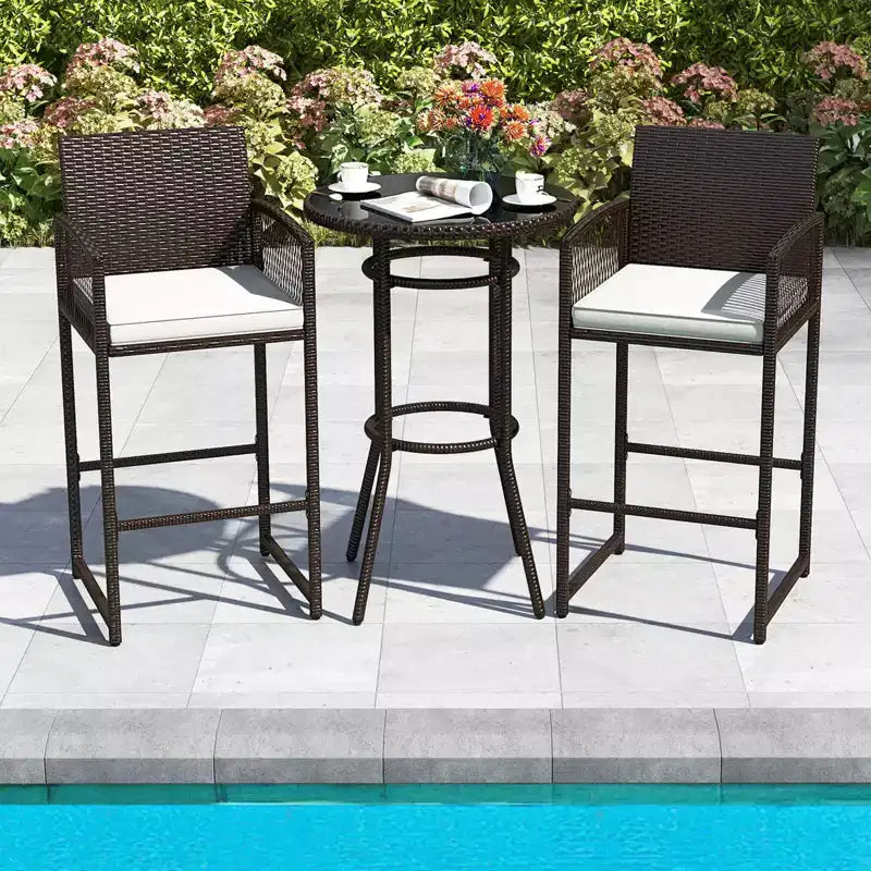 Costway 3 Piece Wicker Patio Bar Set with 2 Seat Cushions Glass Tabletop for Backyard