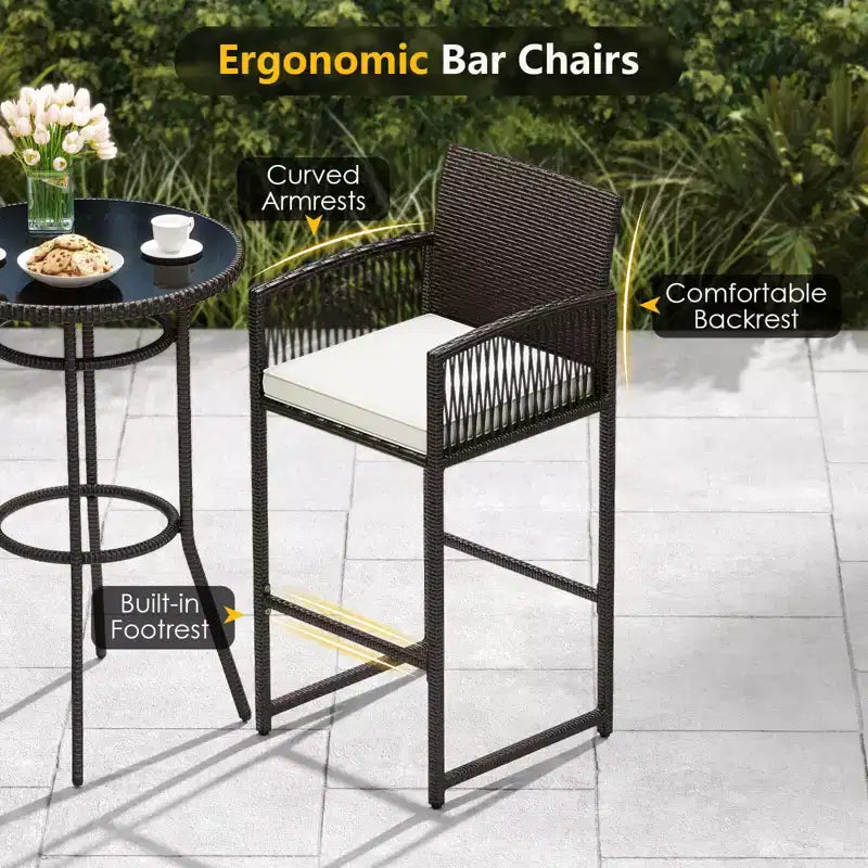 Costway 3 Piece Wicker Patio Bar Set with 2 Seat Cushions Glass Tabletop for Backyard