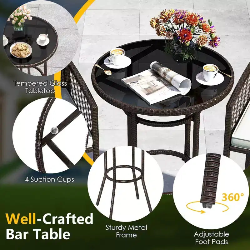 Costway 3 Piece Wicker Patio Bar Set with 2 Seat Cushions Glass Tabletop for Backyard