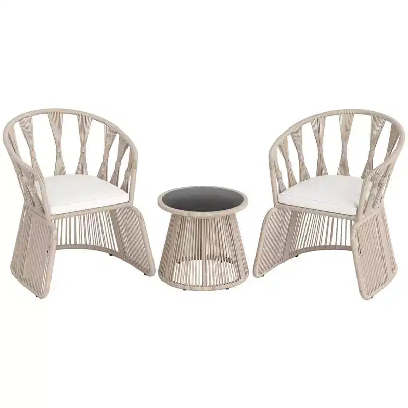 Costway 3 PCS Patio Leisure Chair Set Rope-Woven Armchairs & Table Set with Cushions
