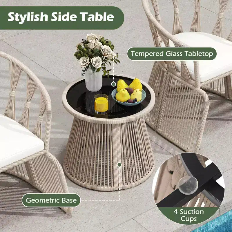 Costway 3 PCS Patio Leisure Chair Set Rope-Woven Armchairs & Table Set with Cushions
