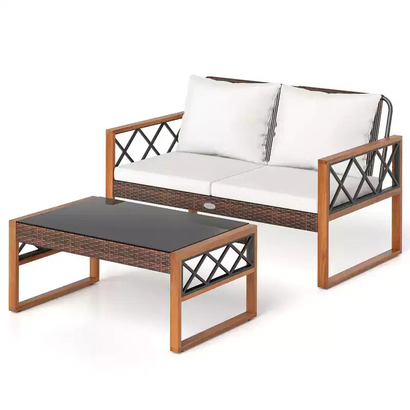 Costway 2 Pieces Patio PE Wicker Furniture Set Outdoor Acacia Wood Loveseat for Porch