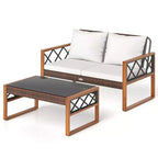 Costway 2 Pieces Patio PE Wicker Furniture Set Outdoor Acacia Wood Loveseat for Porch