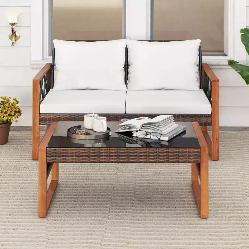 Costway 2 Pieces Patio PE Wicker Furniture Set Outdoor Acacia Wood Loveseat for Porch