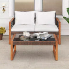 Costway 2 Pieces Patio PE Wicker Furniture Set Outdoor Acacia Wood Loveseat for Porch
