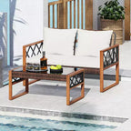 Costway 2 Pieces Patio PE Wicker Furniture Set Outdoor Acacia Wood Loveseat for Porch