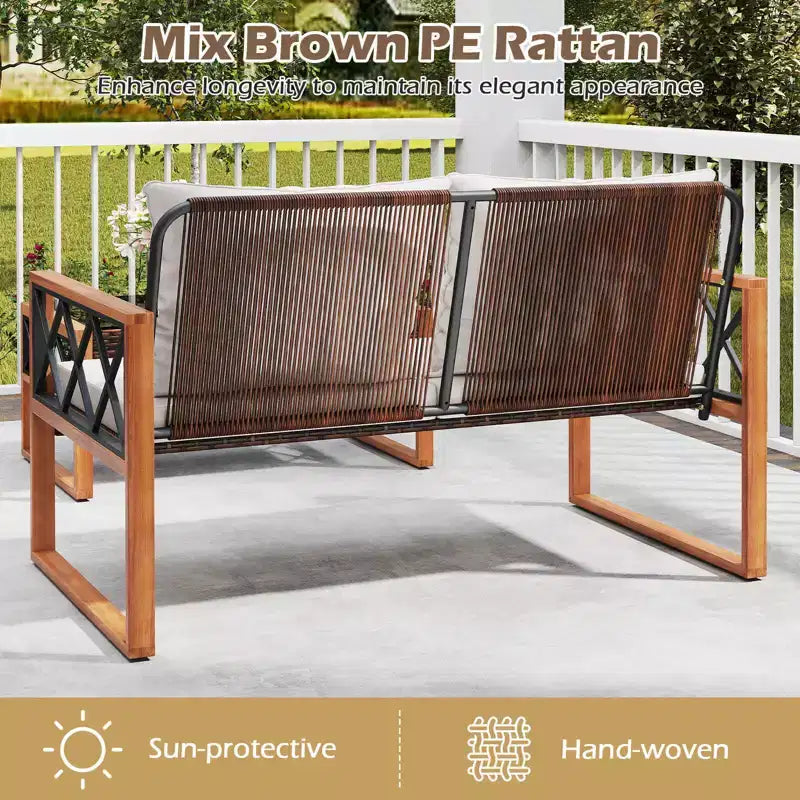 Costway 2 Pieces Patio PE Wicker Furniture Set Outdoor Acacia Wood Loveseat for Porch