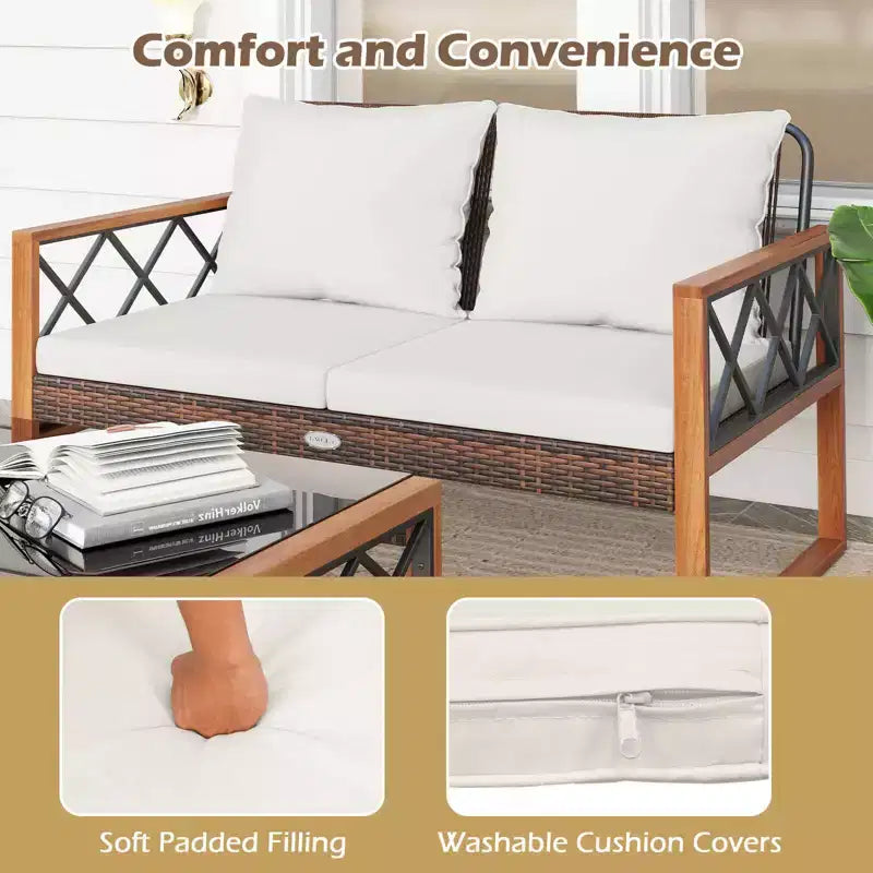 Costway 2 Pieces Patio PE Wicker Furniture Set Outdoor Acacia Wood Loveseat for Porch
