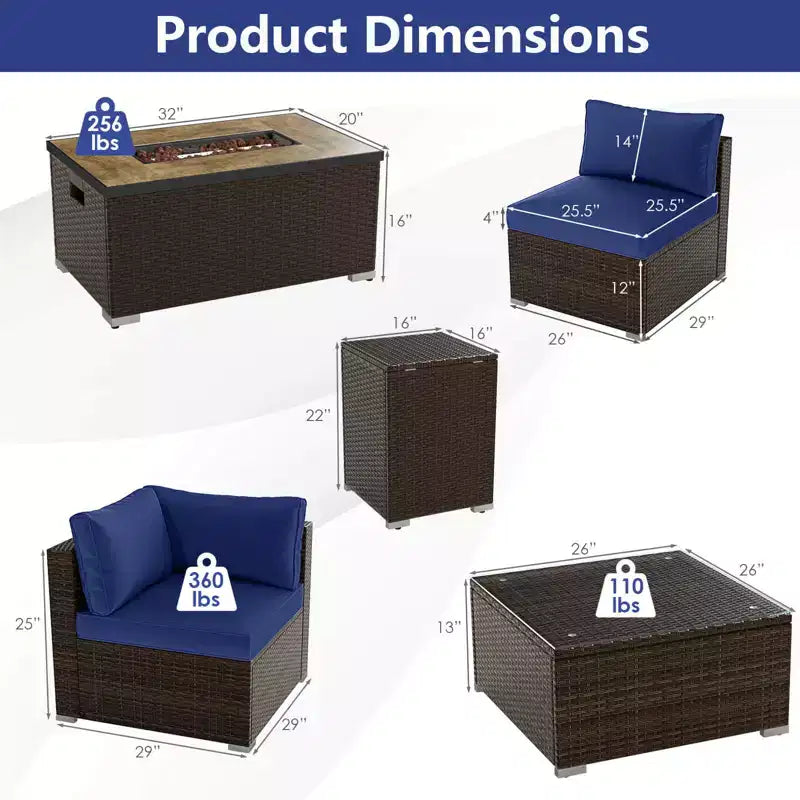 Costway 7 Pieces Outdoor Furniture Set with 32 Fire Pit Table and Propane Tank Cover Black/Navy/Red/White/Turquoise