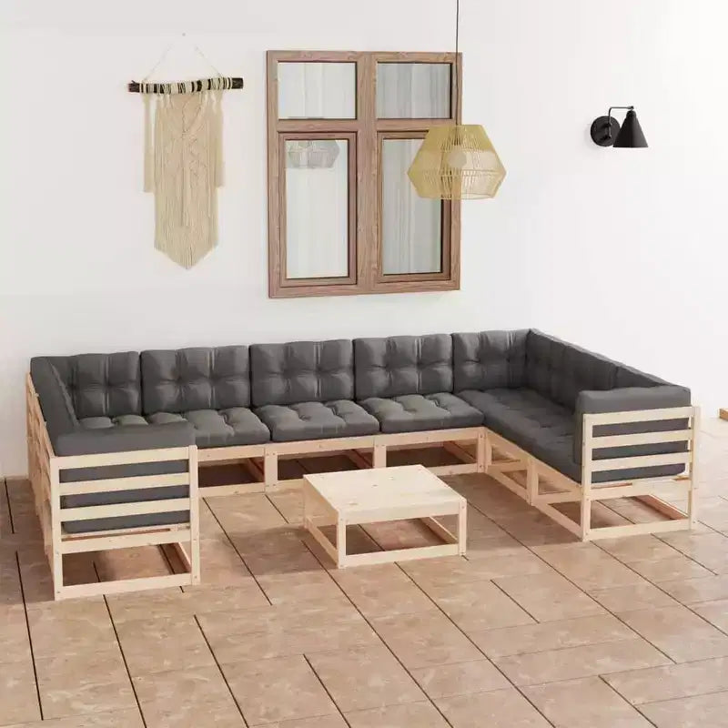 vidaXL 10 Piece Patio Lounge Set with Cushions Solid Wood Pine - Natural Yes