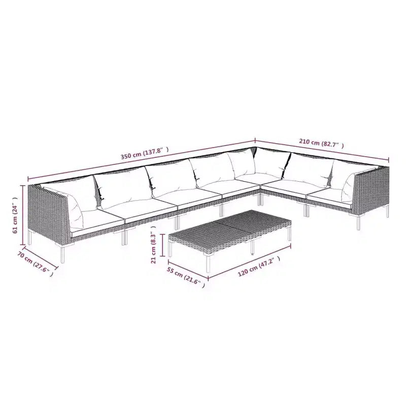 vidaXL Patio Lounge Set Outdoor Sectional Sofa Set Table Poly Rattan Dark Gray