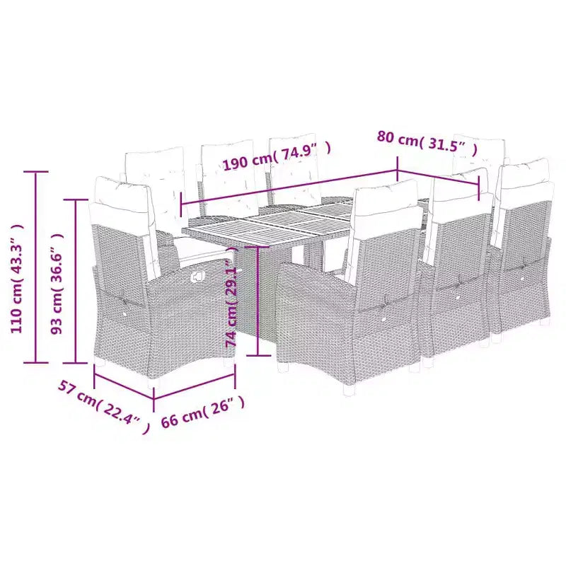 vidaXL Set da pranzo da esterno 9 pz con cuscini, in polyrattan grigio