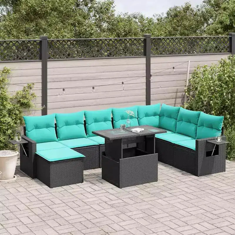 vidaXL Salotto da Giardino con Cuscini Tavolo e Divani 9 pz in Poly Rattan - Nero senza spazio contenitore