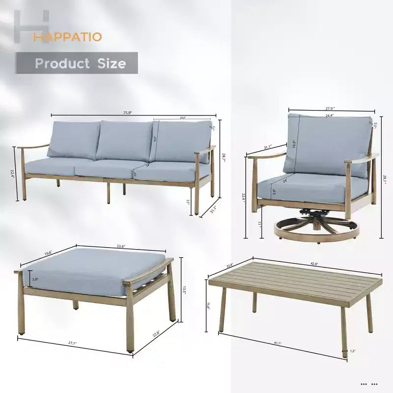 HAPPATIO 6 Pieces Aluminum Outdoor Conversation Set with 1 Three-Seater Sofa, Coffee Table, 2 Swivel Chairs and Ottomans