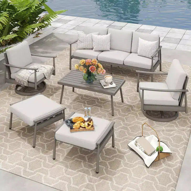 HAPPATIO 6 Pieces Aluminum Outdoor Conversation Set with 1 Three-Seater Sofa, Coffee Table, 2 Swivel Chairs and Ottomans