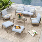 HAPPATIO 6 Pieces Aluminum Outdoor Conversation Set with 1 Three-Seater Sofa, Coffee Table, 2 Swivel Chairs and Ottomans