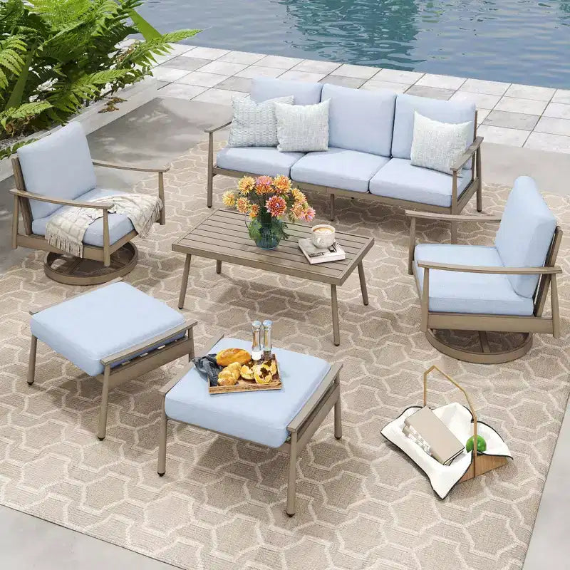 HAPPATIO 6 Pieces Aluminum Outdoor Conversation Set with 1 Three-Seater Sofa, Coffee Table, 2 Swivel Chairs and Ottomans
