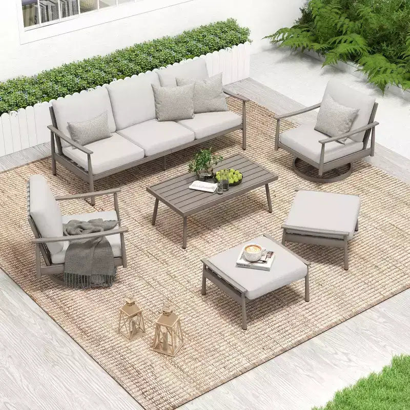 HAPPATIO 6 Pieces Aluminum Outdoor Conversation Set with 1 Three-Seater Sofa, Coffee Table, 2 Swivel Chairs and Ottomans