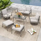 HAPPATIO 7 Pieces Aluminum Outdoor Conversation Set Includes 1 Loveseat, Side Table, Coffee Table, 2 Swivel Chairs and Ottomans