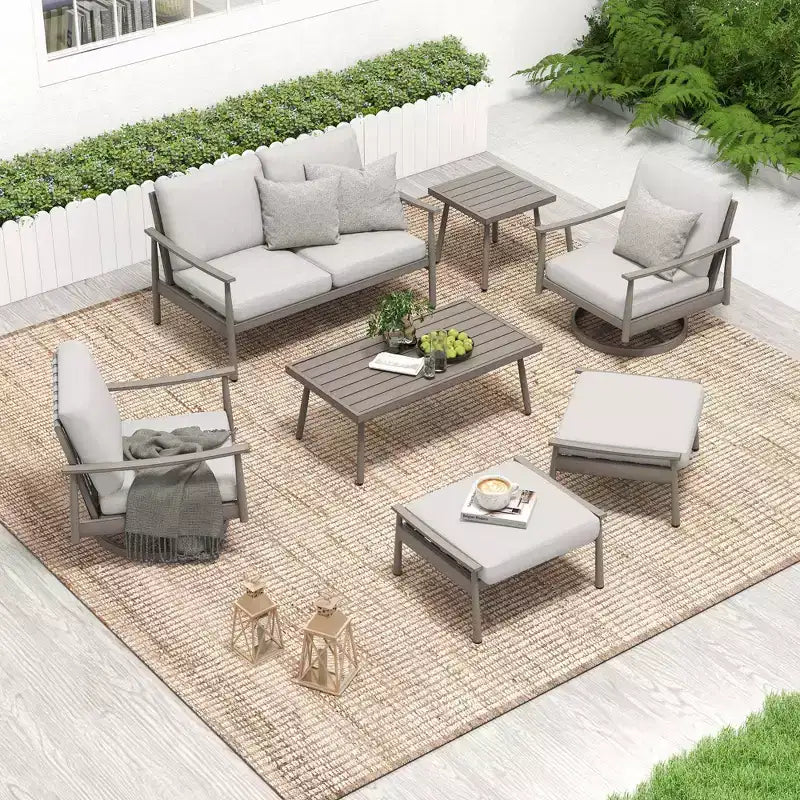HAPPATIO 7 Pieces Aluminum Outdoor Conversation Set Includes 1 Loveseat, Side Table, Coffee Table, 2 Swivel Chairs and Ottomans