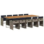vidaXL 11 Piece Patio Dining Set with Cushions  Outdoor Garden Backyard Furniture  Gray Poly Rattan, Acacia Wood Tabletop, Navy Blue Cushions