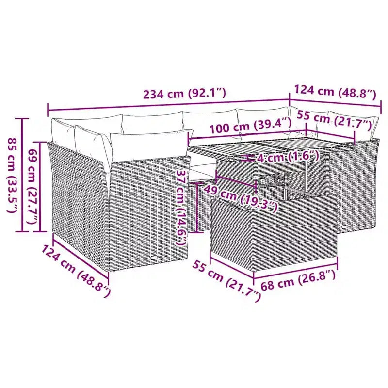 vidaXL Set divani da giardino in rattan PE, nero e bianco crema, piedini regolabili