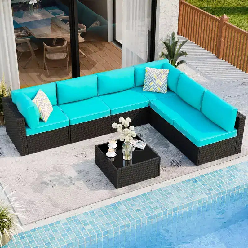 Celebalcony 7 Pieces Outdoor Sectional Sofa Patio Furniture Sets. Black Wicker Rattan Patio Conversation Sets with Cushion and Glass Table