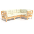 vidaXL Solid Pinewood Patio Lounge Set 4 Piece with Cushions - Brown and Cream