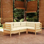 vidaXL Solid Pinewood Patio Lounge Set 4 Piece with Cushions - Brown and Cream