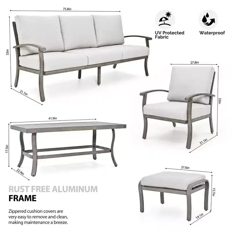HAPPATIO 6 Piece Aluminum Patio Furniture Set, Outdoor Chairs with Ottomans and Loveseat, Outdoor Sofa with Cushions and Coffee Table(Gray)
