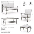 HAPPATIO 6 Piece Aluminum Patio Furniture Set, Outdoor Chairs with Ottomans and Loveseat, Outdoor Sofa with Cushions and Coffee Table(Gray)