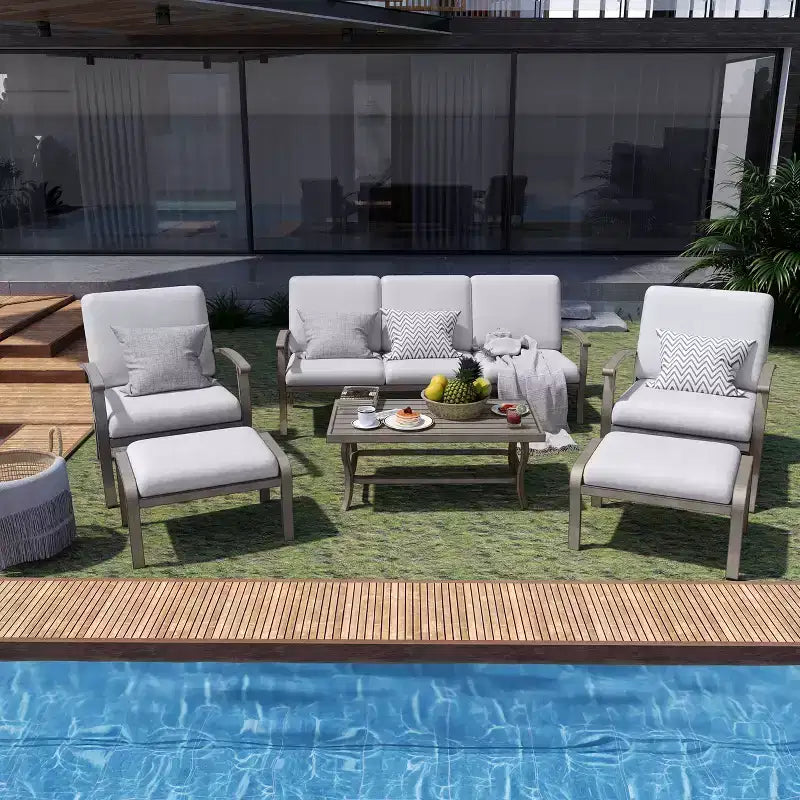 HAPPATIO 6 Piece Aluminum Patio Furniture Set, Outdoor Chairs with Ottomans and Loveseat, Outdoor Sofa with Cushions and Coffee Table(Gray)