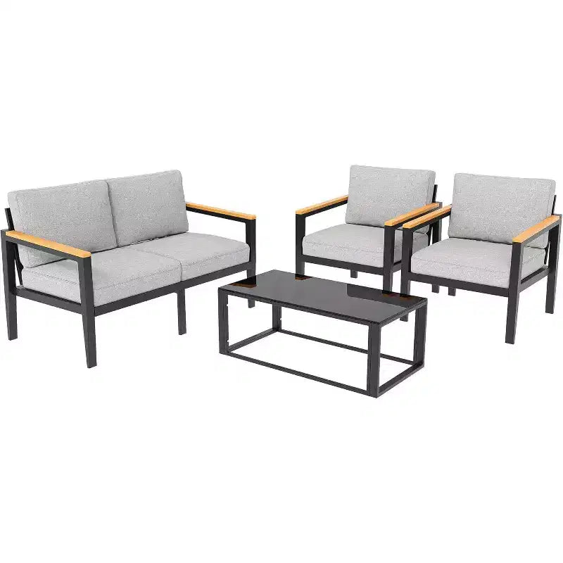 4-Piece Aluminum Patio Furniture Set, Removable Cushions, Tempered Glass Table for Outdoor Conversations, Light Grey