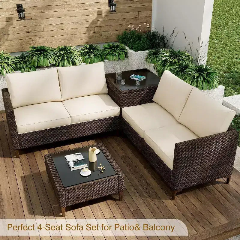 4 Pieces Patio Sectional Furniture PE Rattan loveseat Sofa Set, Wicker Outdoor Conversation Couch Sets with Coffee Table & Storage