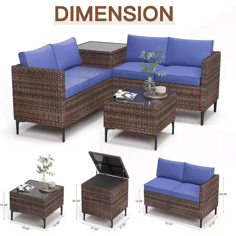 4 Pieces Patio Sectional Furniture PE Rattan loveseat Sofa Set, Wicker Outdoor Conversation Couch Sets with Coffee Table & Storage