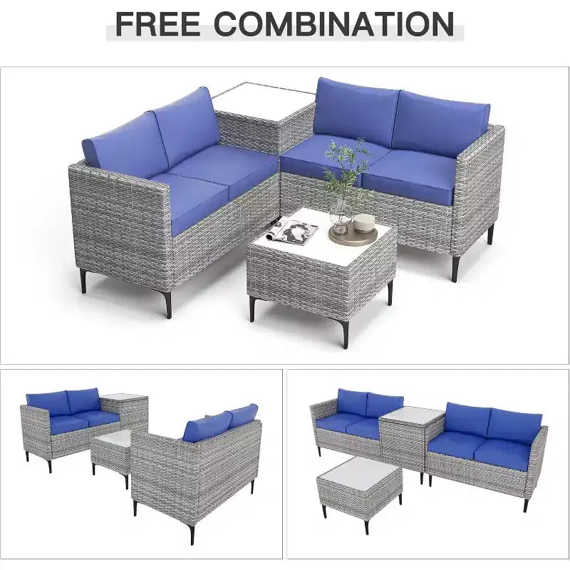 4 Pieces Patio Sectional Furniture PE Rattan loveseat Sofa Set, Wicker Outdoor Conversation Couch Sets with Coffee Table & Storage